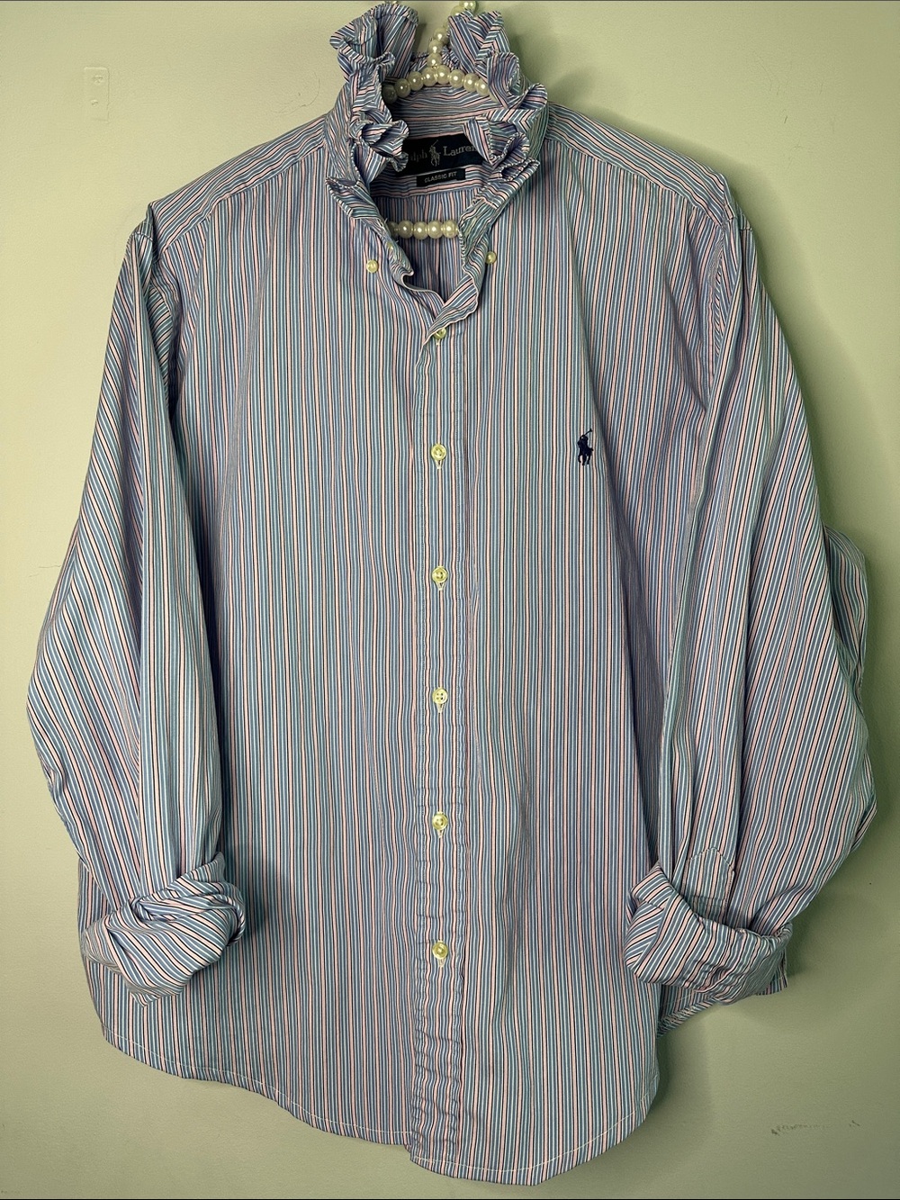 Ralph Lauren Multi-Stripe Ruffled collar Shirt – Blue, White, Pink